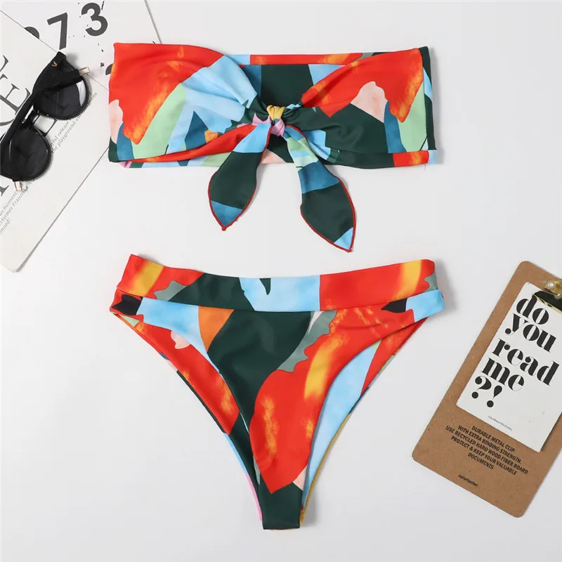 

Mossha Brazilian high waist bikini 2021 Bandeau knot swimsuit Colorblock print swimwear women Sexy push bathing suit Beachwear