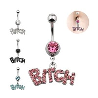 1pc bitch letter belly piercing ring zircon navel button bar dangling stud crystal stainless steel for woman body jewelry 14g