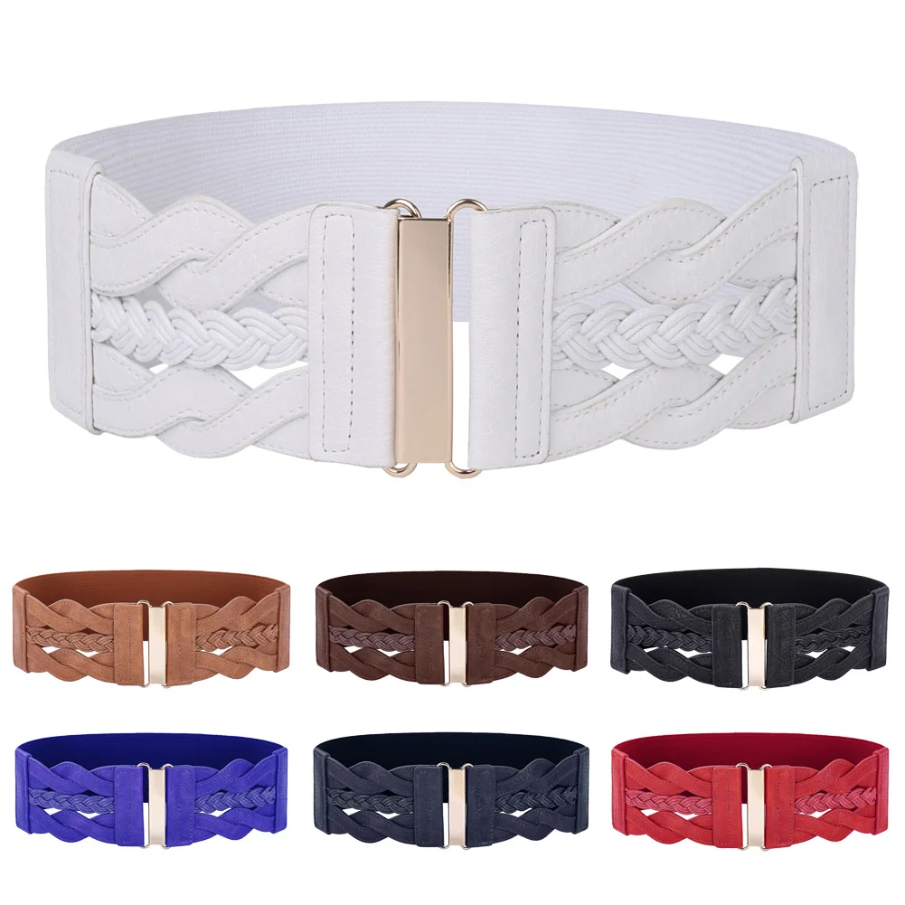 

3" Wide belts for women wedding Braided evening party dress elegant Polyurethane Leather Elastic WaistBelt Waistband vintage