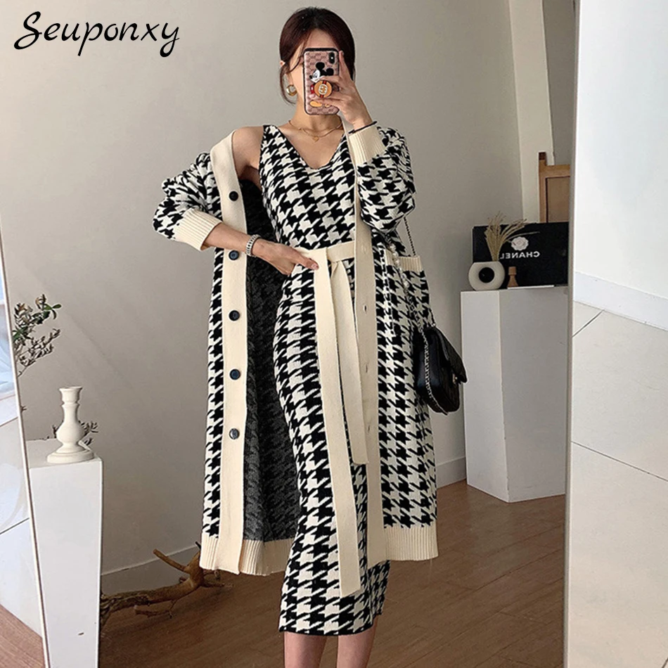 

High Quality Women'S Plaid Knitted Dress 2021 Autumn Sexy Lace-Up Single-Breasted Jacket + Sleeveless Dress 2-Piece Casual Dress
