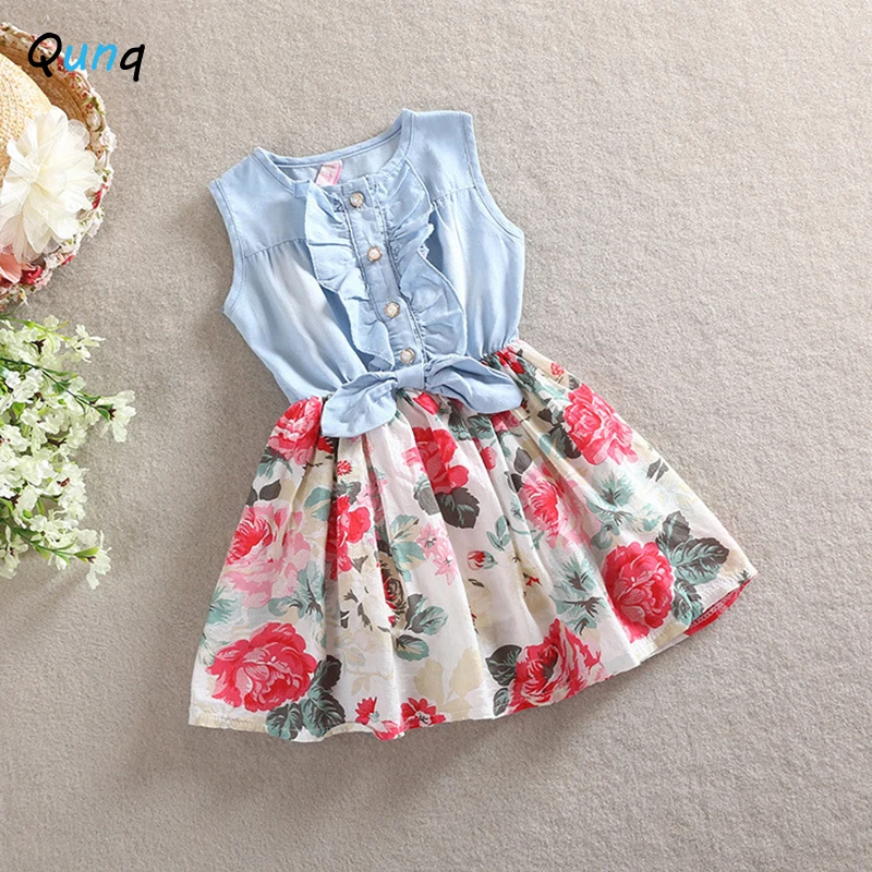 

Qunq Girls Denim Dress Summer Sleeveless Floral Kids Dresses for Girl 2-10 Year Baby Toddler Children Princess Clothing