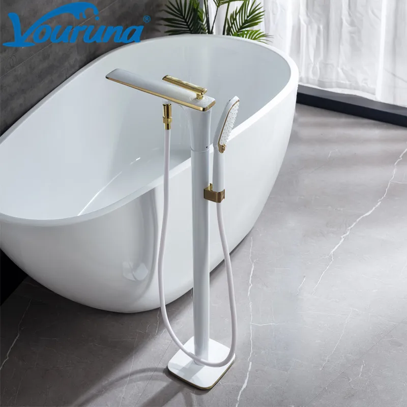 

VOURUNA Luxurious Rose Golden&White Free Standing Bathtub Faucet Floor Mounted Bath Tub Filler Mixer Tap Chrome