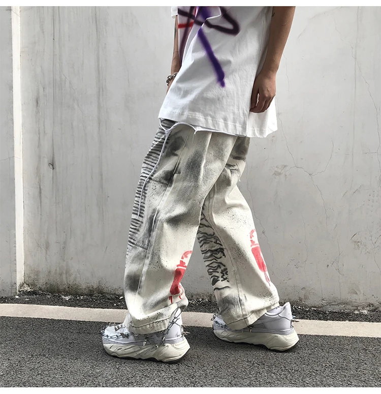 Джинсы дымчатые мужские с граффити уличная одежда брюки старого грязного цвета