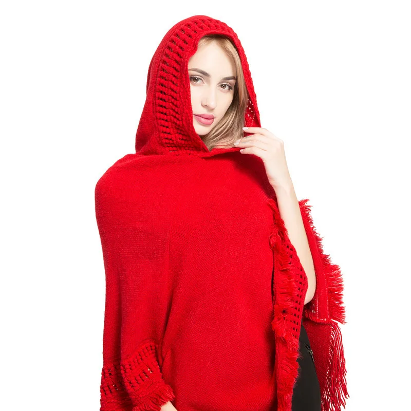 

Ladies Autumn Winter Thin Fringed Cape with hat Solid Color Tassel Shawl Simple Style Women Pullovers Poncho