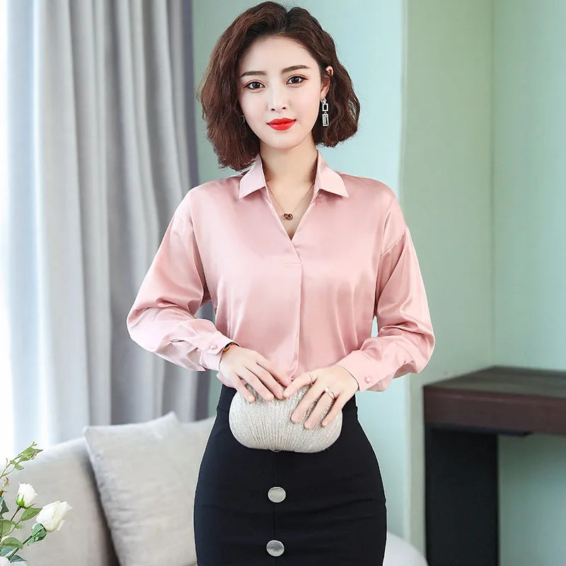 Корейские модные шелковые женские блузки атласные осенние розовые рубашки плюс