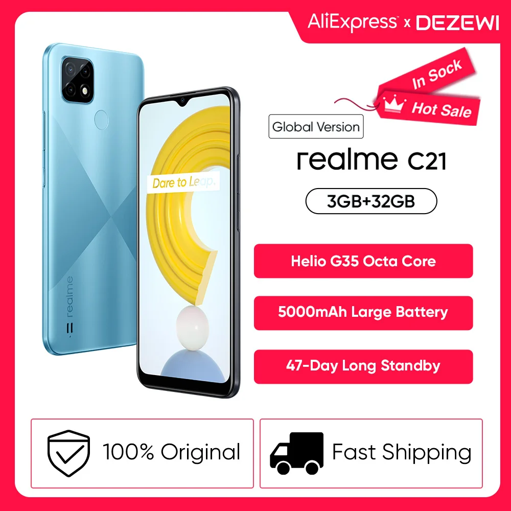 

Смартфон глобальная версия realme C21, Helio G35 восемь ядер, 3 ГБ 32 ГБ, HD дисплей 6,5 дюйма, аккумулятор 5000 мАч, 3 слота для карт, тройная камера 13 МП