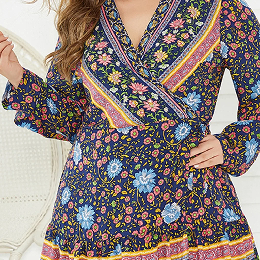 

Home&Nest 2020 New Womens Plus Size V-Neck Flowers Print Short Sleeve Knee-Length Dress Bohemian Party Dress Vestidos Sexy Mujer