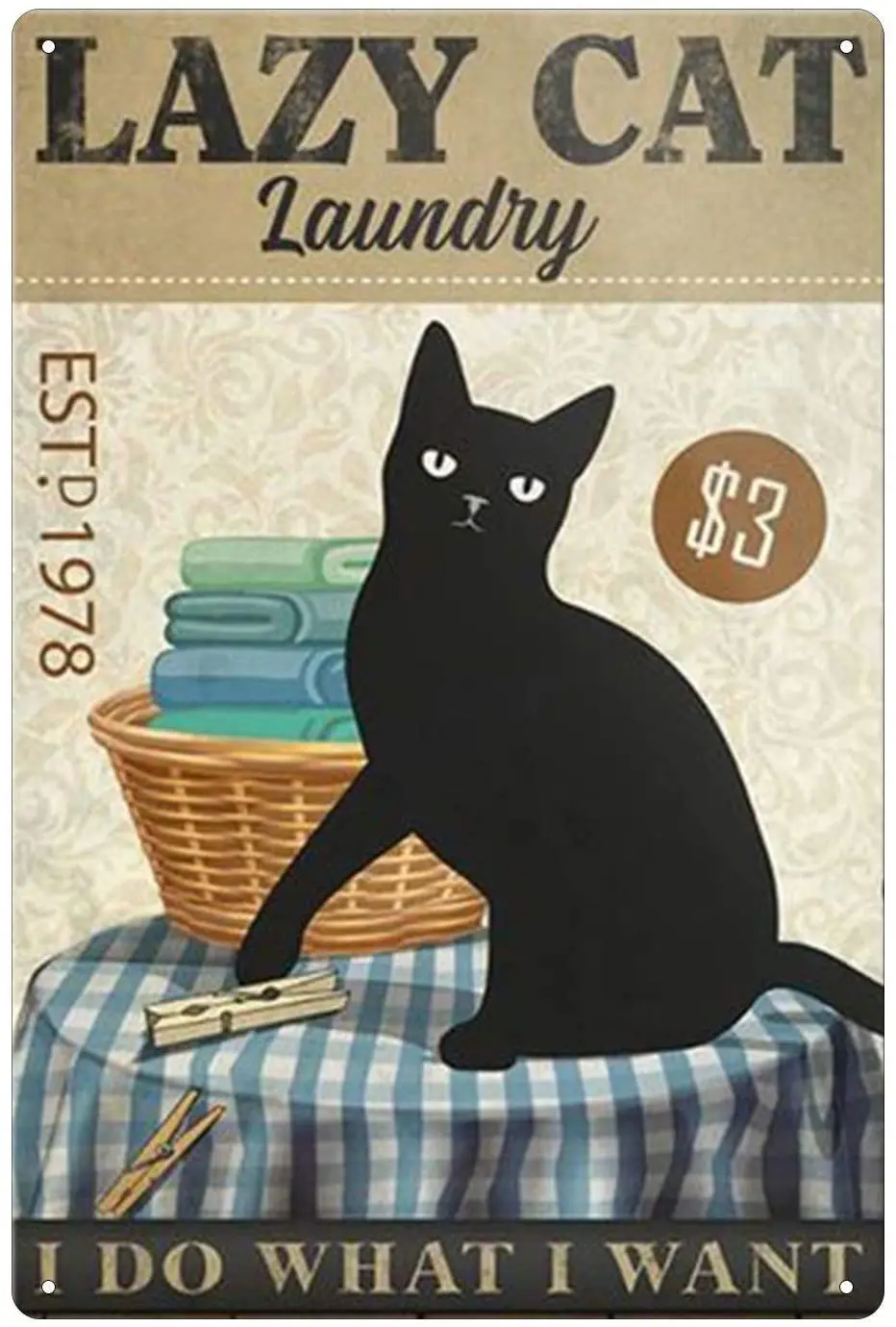 

Black Cat Metal Sign Lazy Cat Laundry Vintage Tin Sign for Wall Plaque Decoration Metal Poster for Bar Cafe Club 8x12 Inches