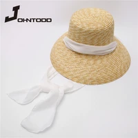 2021 new women summer wheat straw hat with black white ribbon tie ladies wide brim flat top sunhats uv protection beach cap