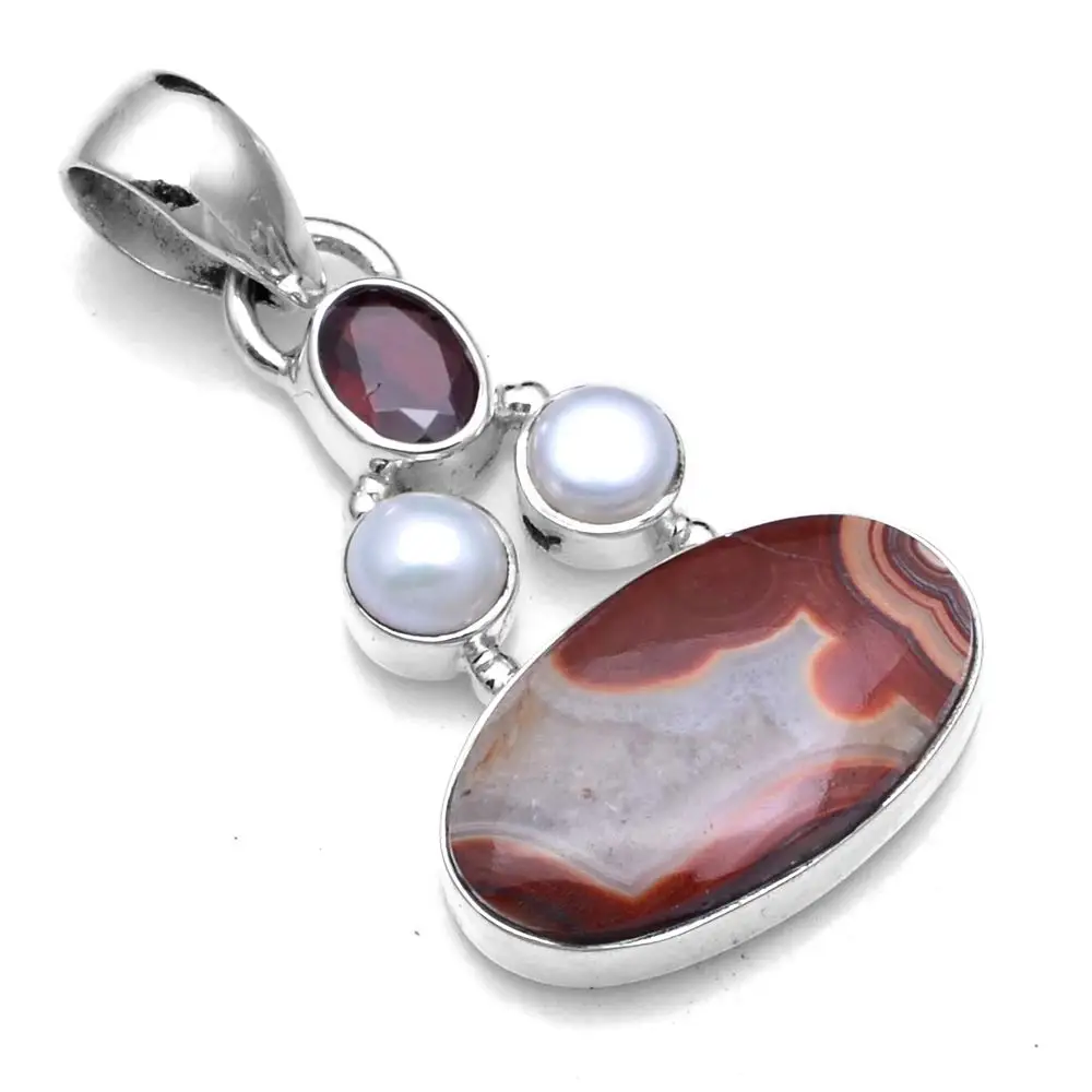 

Genuine Laguna Lace Agate + pearl Pendant 925 Sterling Silver, 36.9 mm, 2SP0606