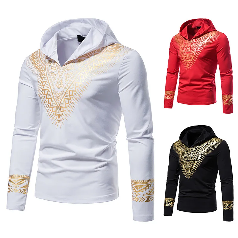 

2021 fashion spring and autumn new men's ethnic style bronzing hooded sweater long-sleeved t-shirt men's European code