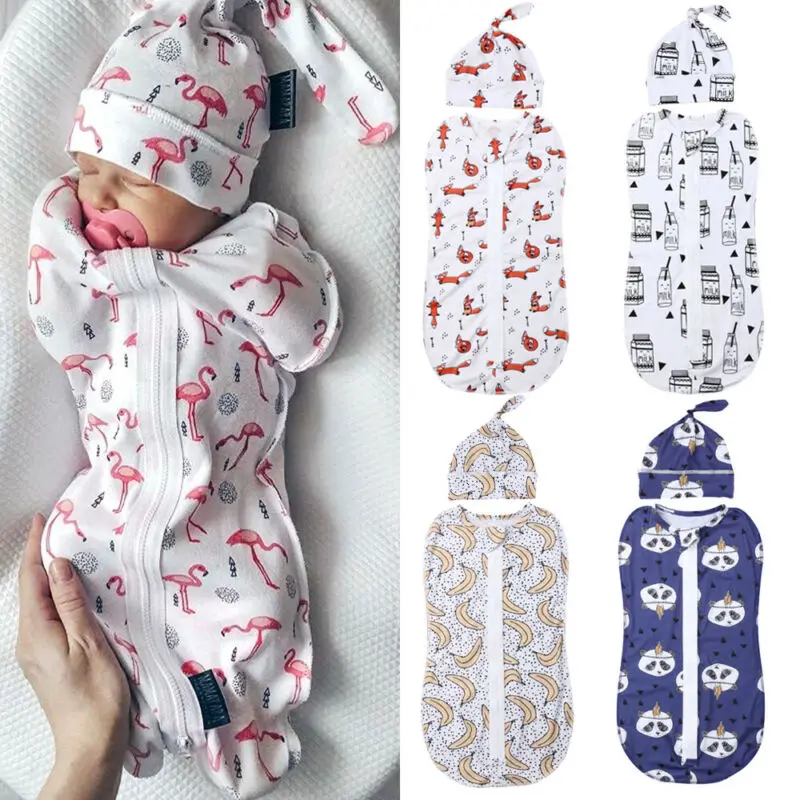 

Хлопковое Пеленальное Одеяло на молнии для новорожденных, спальный мешок с мультяшным принтом животных и шапочкой, 0-6 м