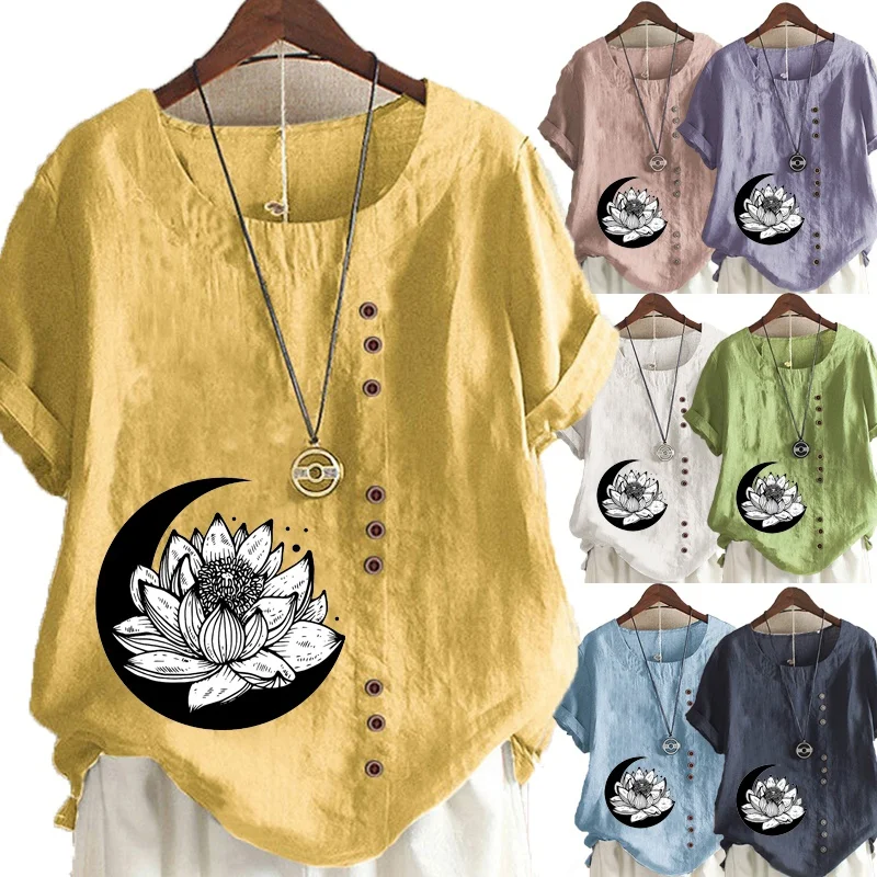 

Women's Fashion Linen Shirt Flower Printed T-shirt Summer Short Sleeve Tops O-neck Loose Blouse XS-5XL