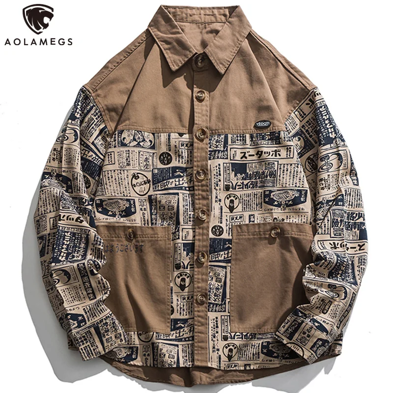 

Aolamegs рубашка мужская Kanji газета пэчворк Топы Осень Свободная Повседневная рубашка с длинным рукавом японский ретро хипстер пара уличная од...