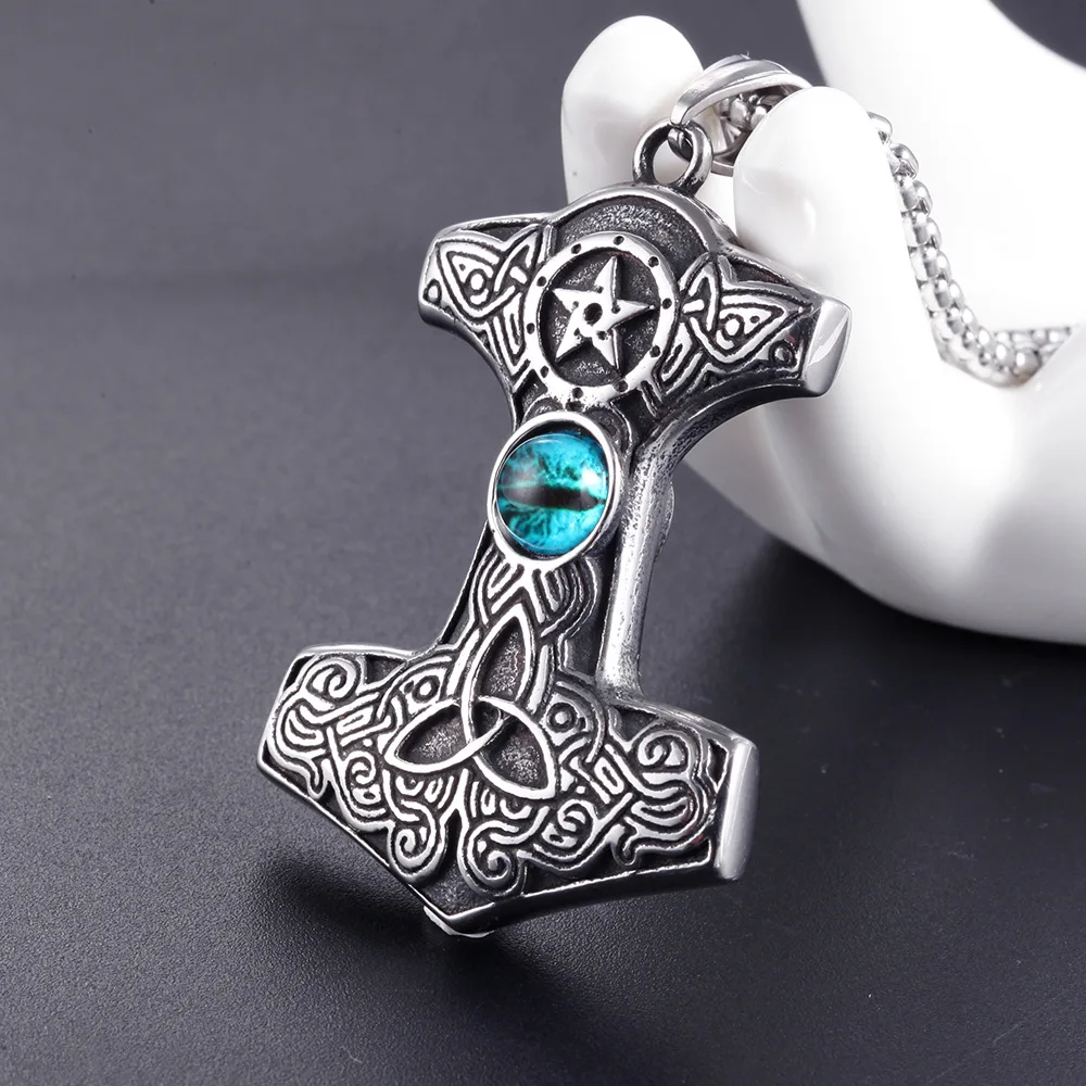 Stainless steel Viking Thunder's hammer pendant necklace men's vintage Cat eye stone titanium chain | Украшения и