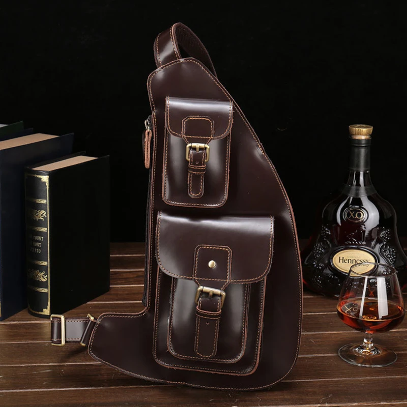 Design1 Coffee MAHEU Crazy Horse, кожаная большая нагрудная сумка, натуральная кожа, слинг, Мужская нагрудная сумка, кожаные сумки через плечо для мужчин, спортивная езда - Цвет: Design1 Coffee