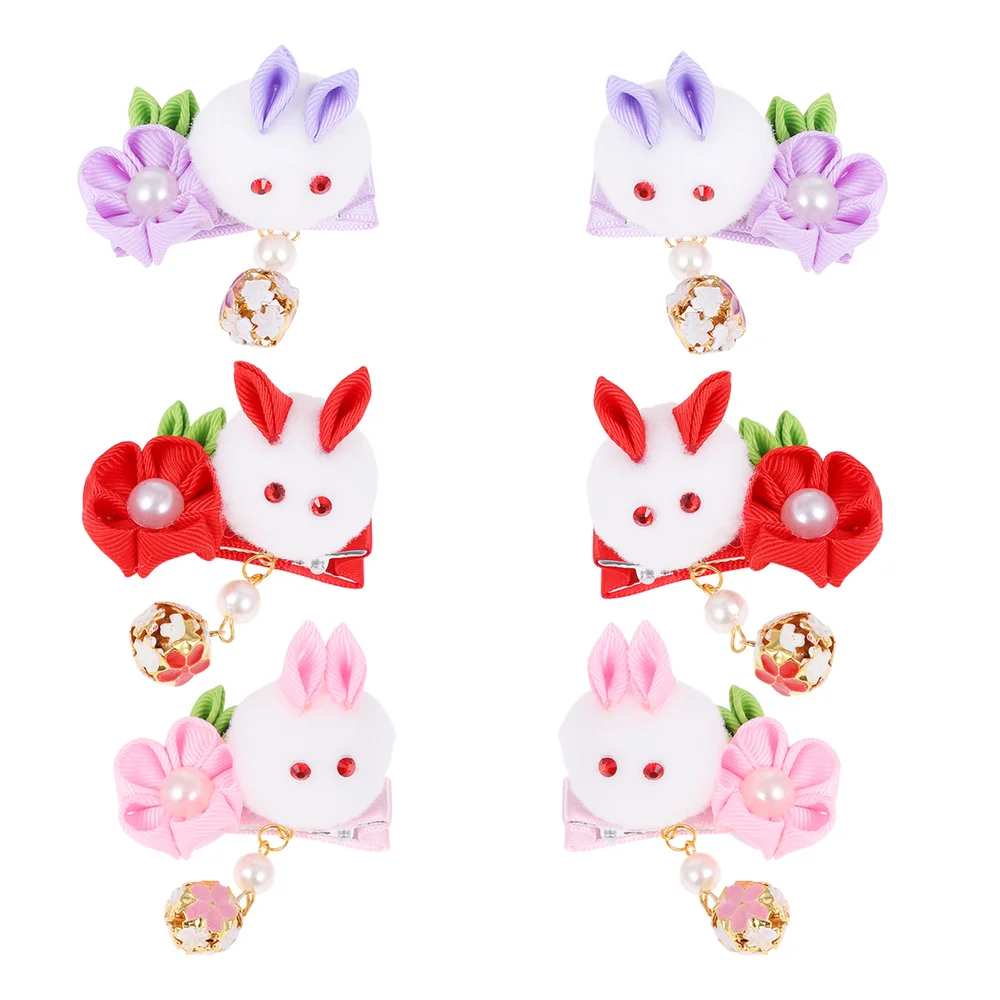 

6Pcs Rabbit Shape Hair Clips Vintage Barrette Cloth Flower Bobby Adorable Headdress Lovely Headwear for Kids Baby Red Purple Pin