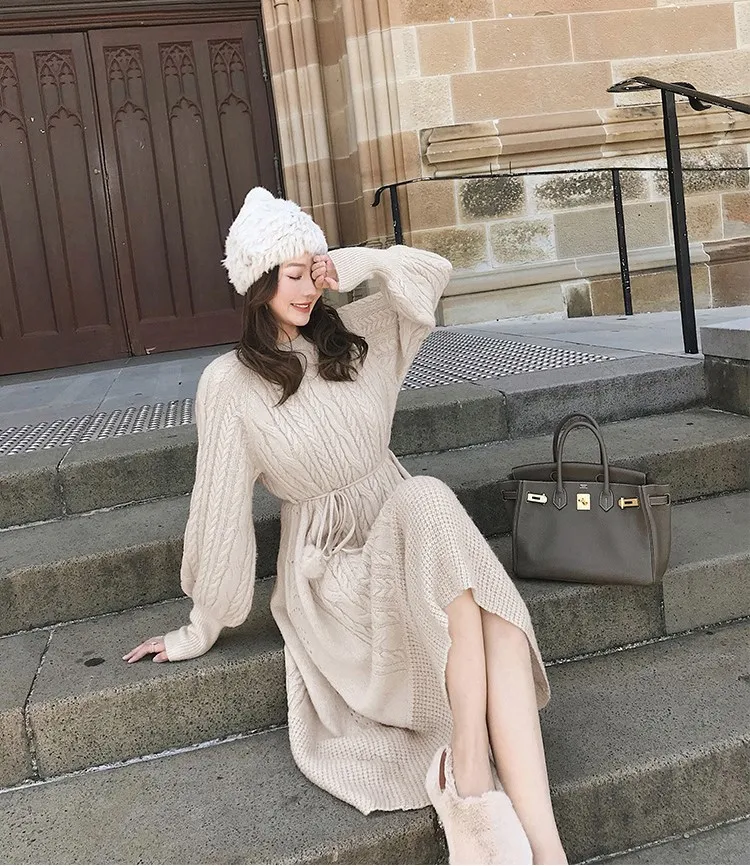 

Autumn / winter 2020 new medium and long knitted dress with over knee thickening and woolen Sweater Dress Knitted