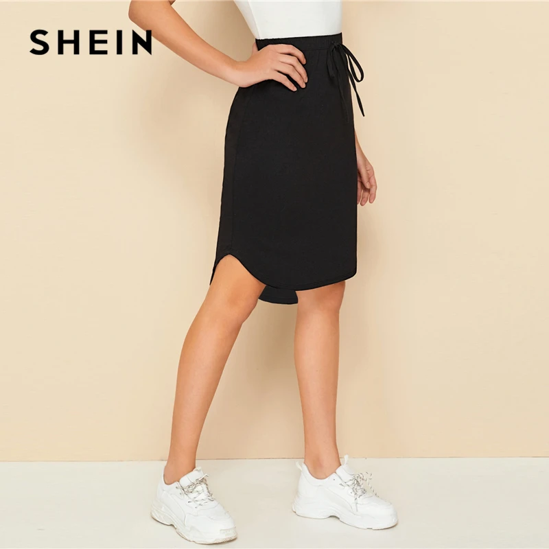 SHEIN черная Однотонная юбка с завязками спереди и высоким низким подолом Женская юбка Осенняя Женская Асимметричная Повседневная юбка длиной до колена