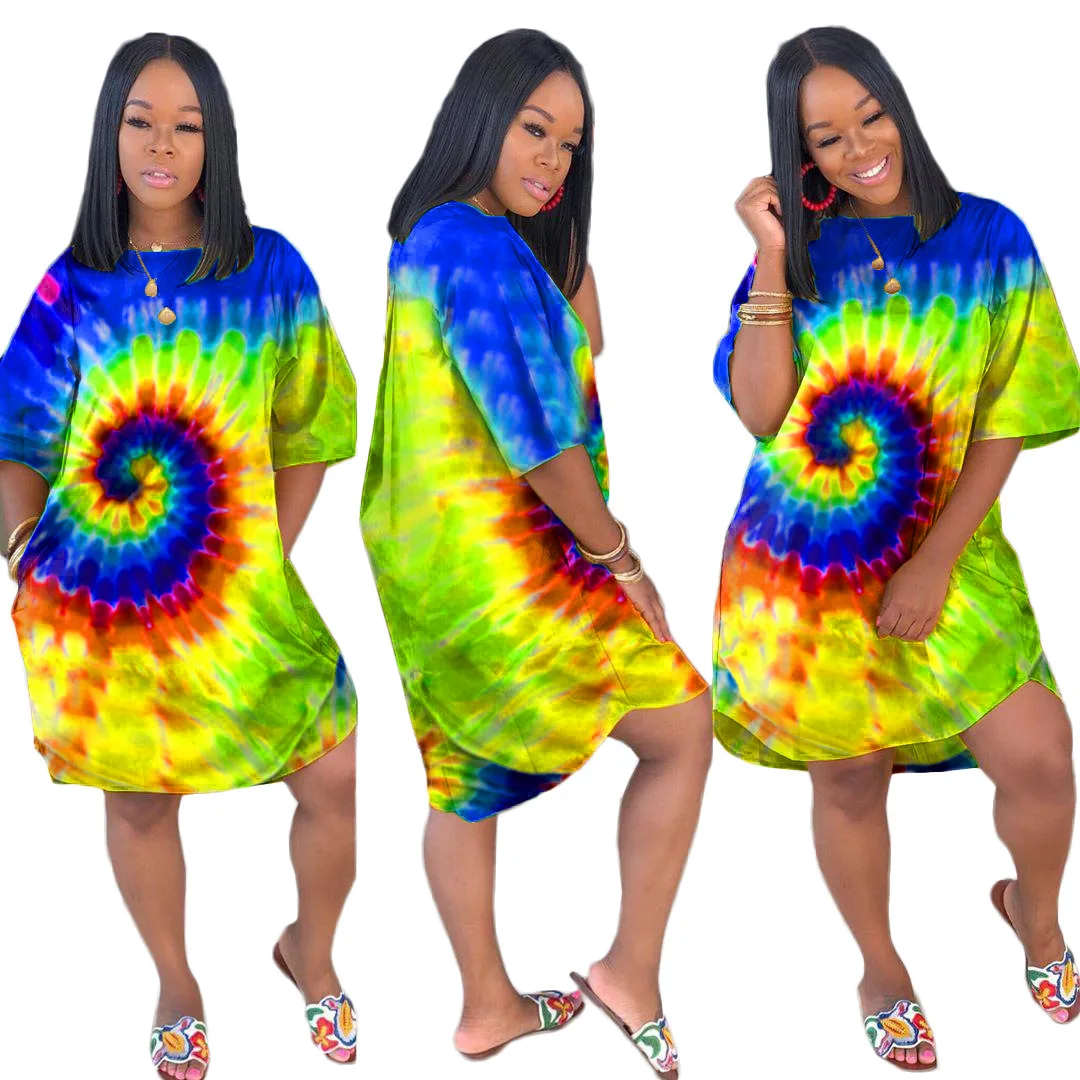 dark blue HAOYUAN Tie Dye, платье размера плюс, женская осенняя одежда, Robe Femme, больше размера d, Vestido, сексуальное Клубное рождественское платье, свободная футболка, платья - Цвет: dark blue