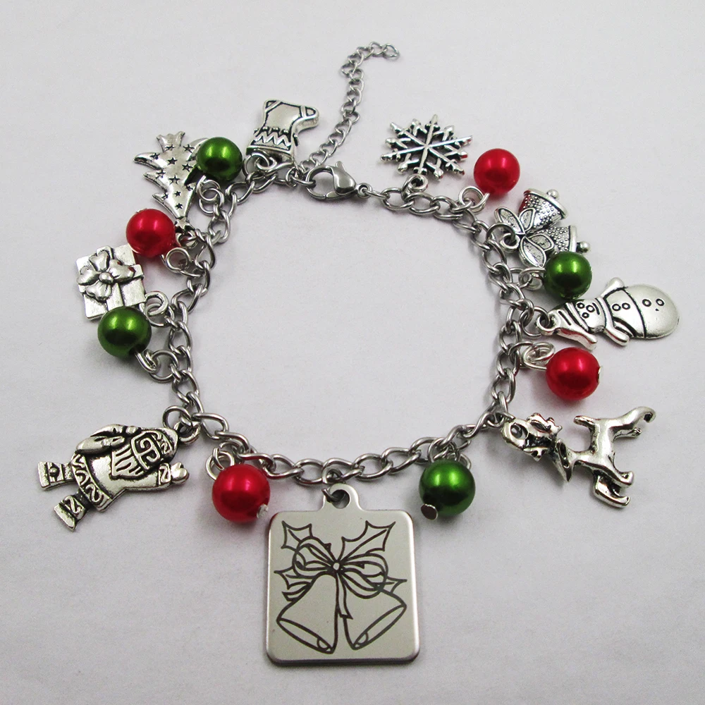 

bell christmas theme leather stainless steel chain bracelets gift presents