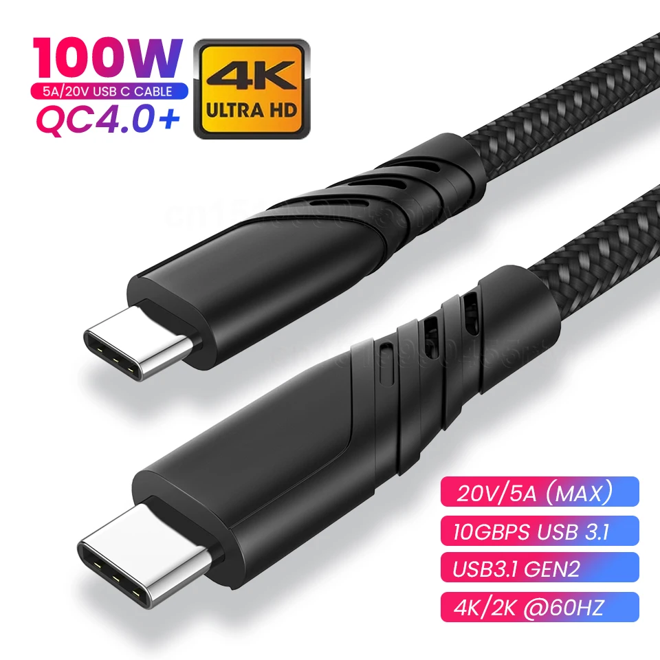 

New PD100W USB C Cable 5A USB3.1 Gen2 10Gbps 4K Thunderbolt 3 QC4.0 Fast Charging Data Cable for MacBook iPad Pro Samsung Huawei