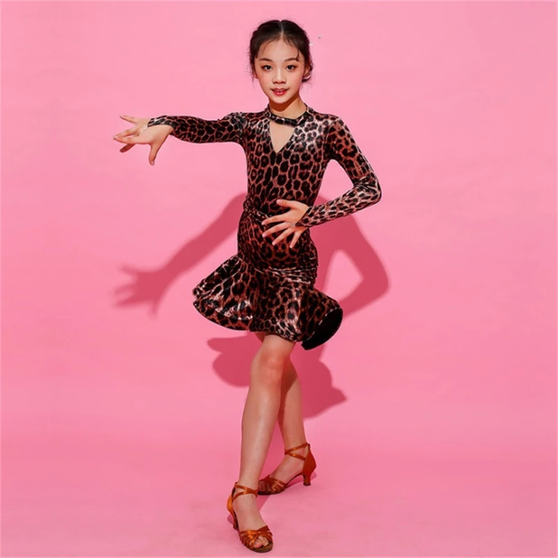 Детское платье для латиноамериканских танцев с леопардовым принтом |