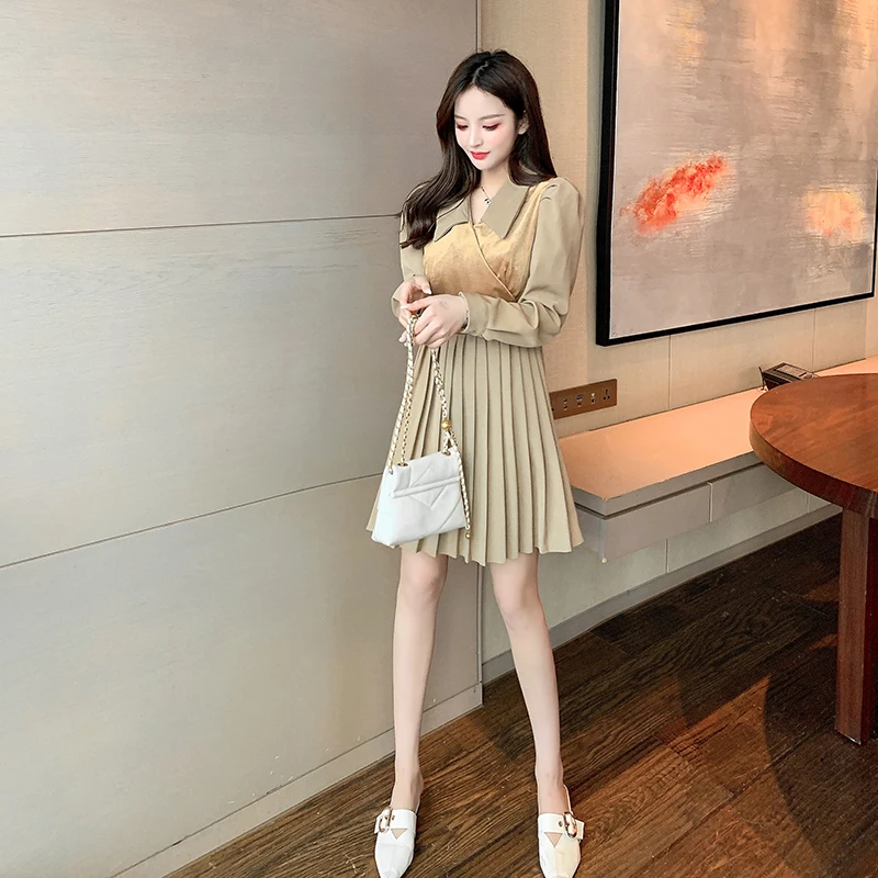 

COIGARSAM Patchwork Women one-piece dress korean New Spring Vintage High Waist Dresses 683