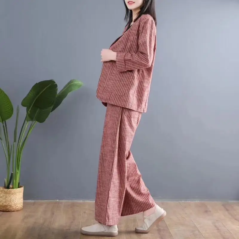 Повседневный Ретро-костюм в полоску Женский хлопковый и льняной Блейзер брюки