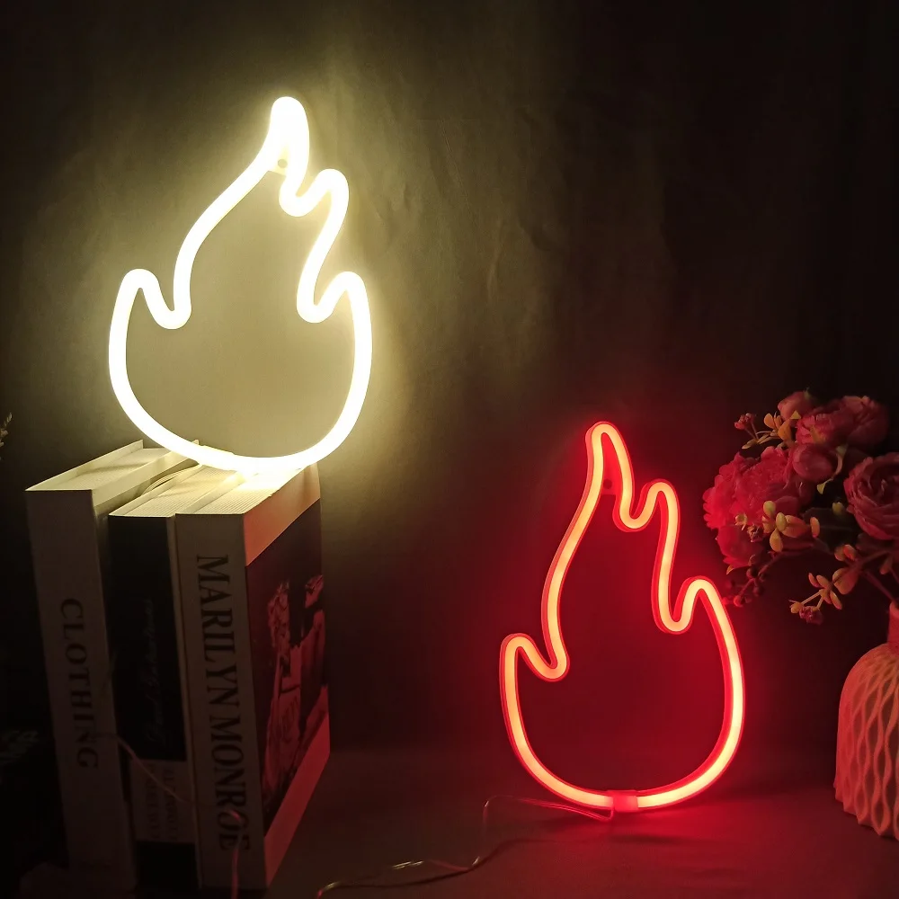 Fire Flame Neon Sign Light LED Hanging Wall Lamp Bulbs Night light Decor Store Room Party Ornaments USB + Battery Box Powered images - 6