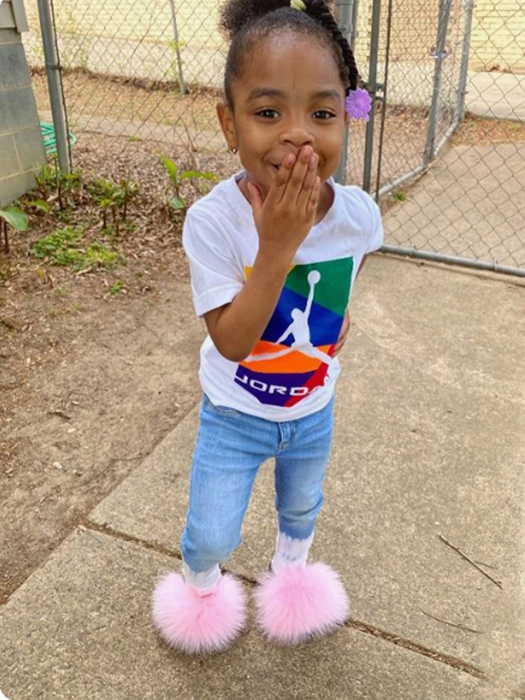 

Children Fur Slides Lovely Fluffy Slippers Kids Furry Sandals Real Fox Fur Slides Wholesale Fashion Plush Flip Flops Cute Fluffy