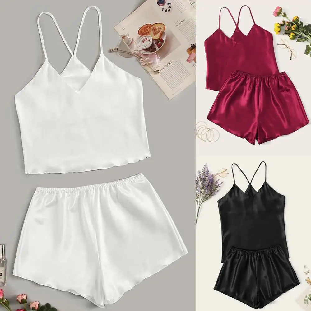 

Women Sexy-Lingerie Sleepwear Satin Silk New Womens Sexy Plus Size Sling Sleepwear Babydoll Lace Up Nightwear Pajamas Set CD
