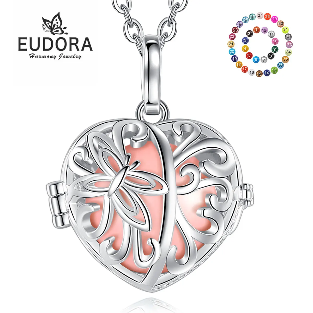 

Eudora 18mm Butterfly Heart Cage Harmony Chime Ball Bell Pendant Necklace Angel Caller Bola Necklace for Baby Pregnancy Jewelry
