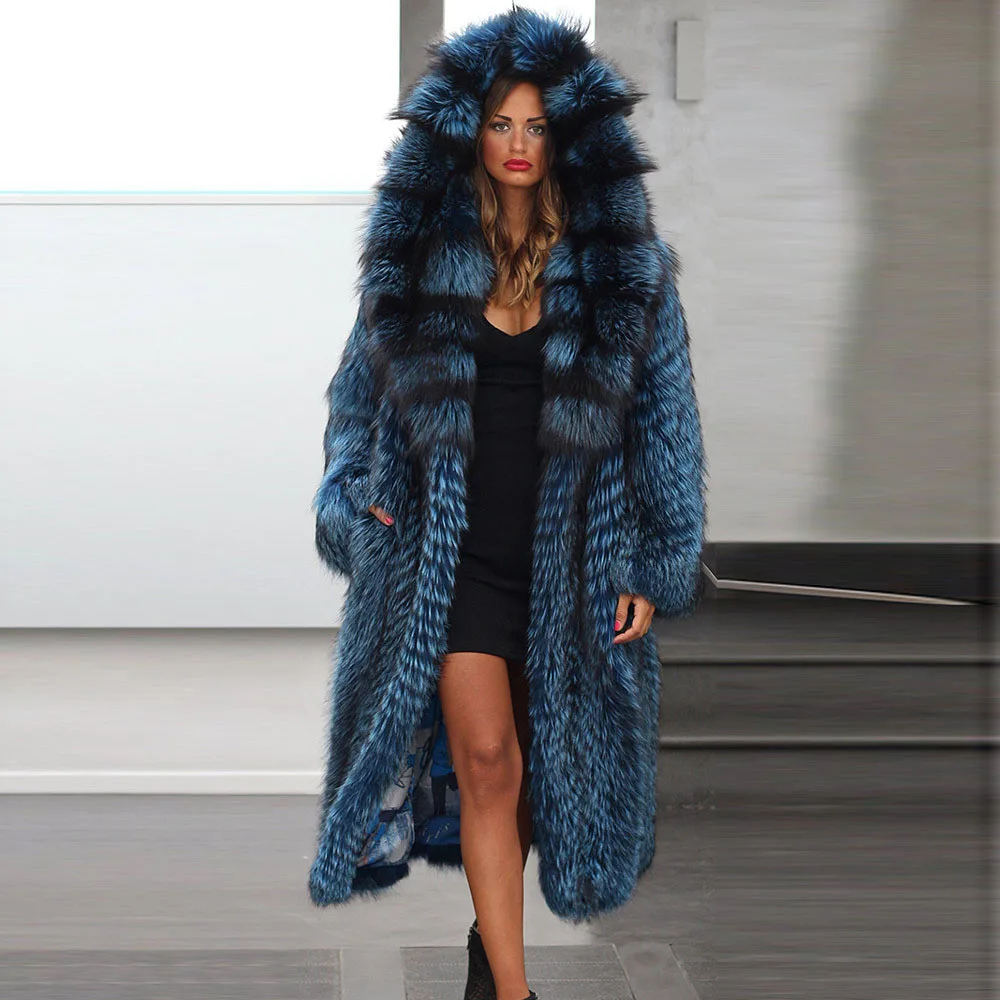 TOPFUR Real Natural Silver Fox Fur Coat Thick Winter Women's Long Jacket With Big Fox Fur Hood Warm Female Luxury Outerwear 2020