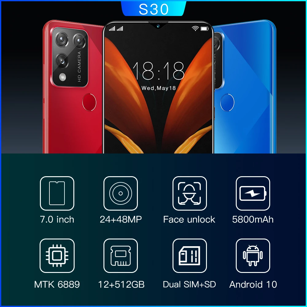 

New Arrival 4G/5G S30 7.0 Inch 5800mAh 12+512GB 24+48MP MTK6889 Andriod 10.0 System Celulares Face ID Global Version Smartphones