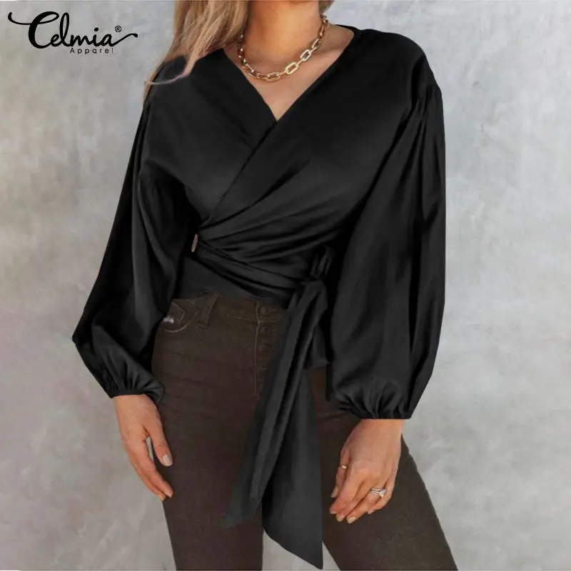 

Sexy V Neck Bandage Peplum Tops Celmia Women Silk Satin Blouse 2022 Autumn Spring Fashion Lantern Long Sleeve Solid Shirt Blusas
