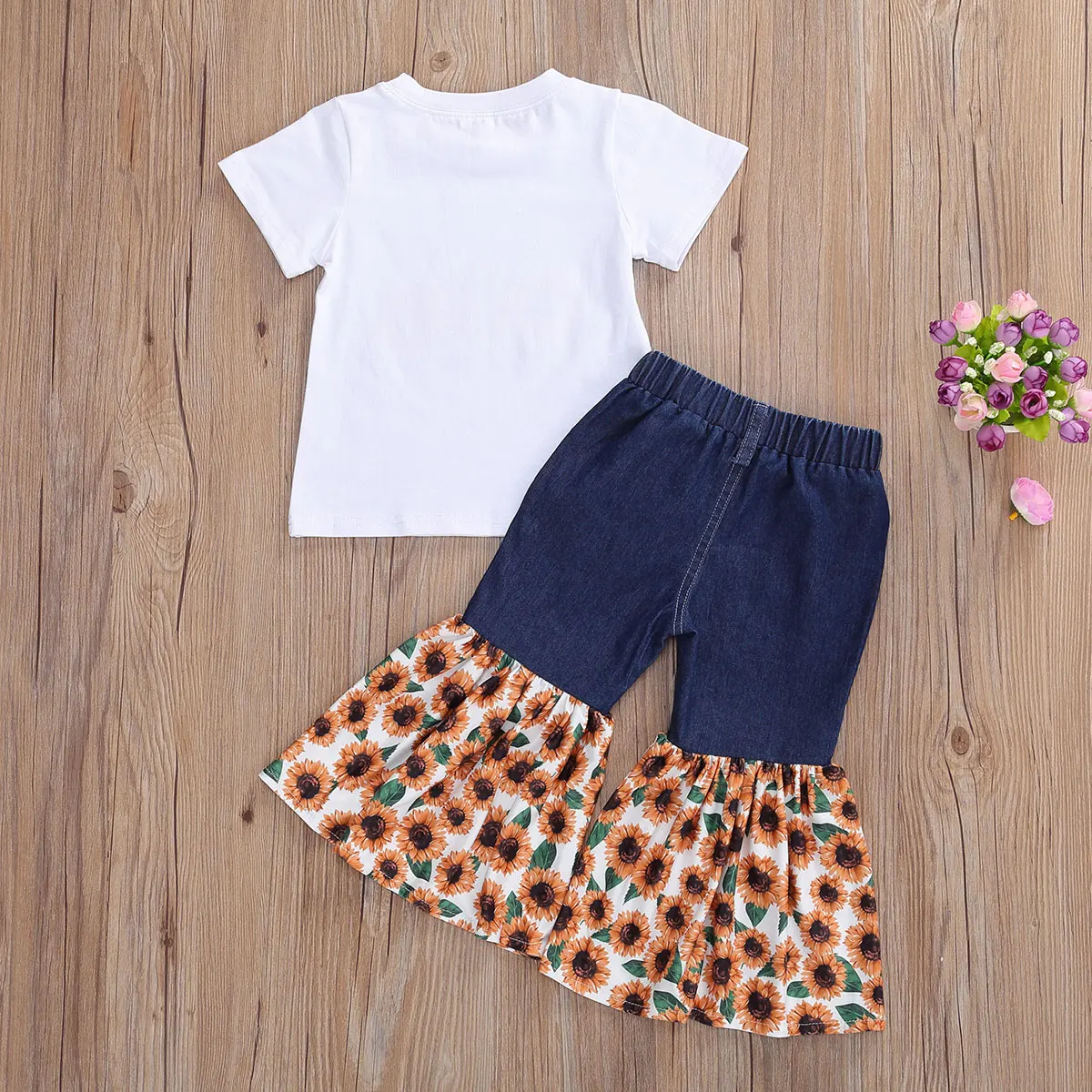 Kids Toddler Girls Clothes Set 2Pcs Sunflower Summer Short Sleeve T-shirts Patchwork Denim Flare Pants Suits Clothing Outfits | Детская