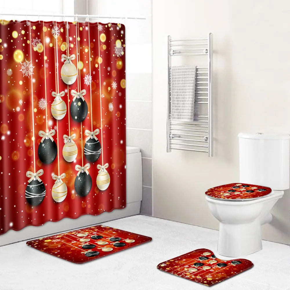 

4pcs/set Christmas Elk Snowman Home Printing Waterproof Partition Bathroom Shower Curtain non-Slip Toilet Floor Mats 4 Piece Set