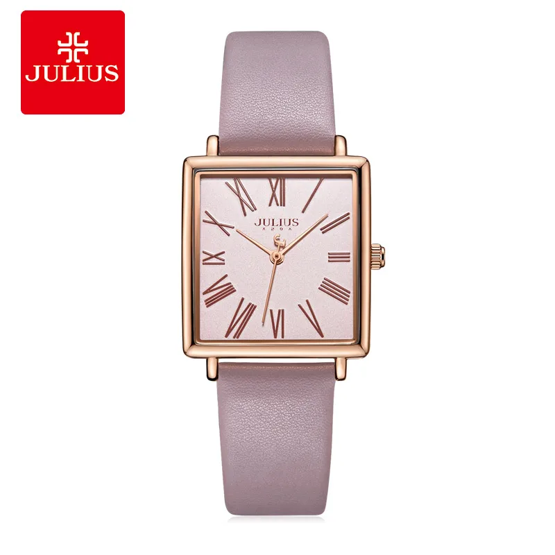 Julius Watch JA-1269 Women's Pink Square Watch Fashion Simplicity Casual Leather Band Watch