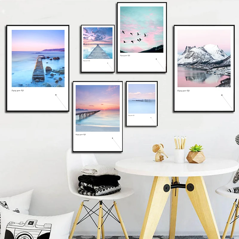 

Nordic Colorful Beautiful Seaview Bridge Snow Mountain Landscape Canvas Painting Print Poster Wall Art Picture Living Room Decor