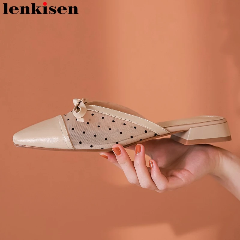 

Lenkisen cow leather dress square toe bowtie air mesh breathable sun protection low square heels office lady leisure pumps L95
