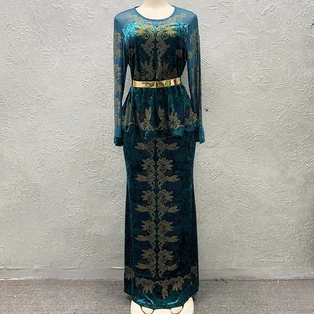 

African Dresses For Women Velvet Christmas Design Dashiki Beading Abaya Maxi Bazin Vintage Robe Gowns Africa Sexy Party Dress