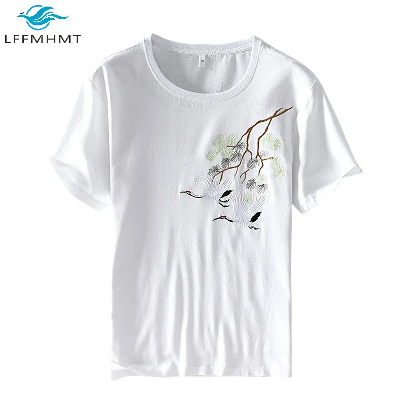 

China Style Short Sleeve Tee Men Summer Fashion Red Crown Crane Embroidery Tee Male Round Neck Slim Fit Cotton Linen Simple Tops