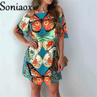 2021 summer women butterfly print square neck hollow out sexy off shoulder backless short sleeve dress ladies casual mini dress