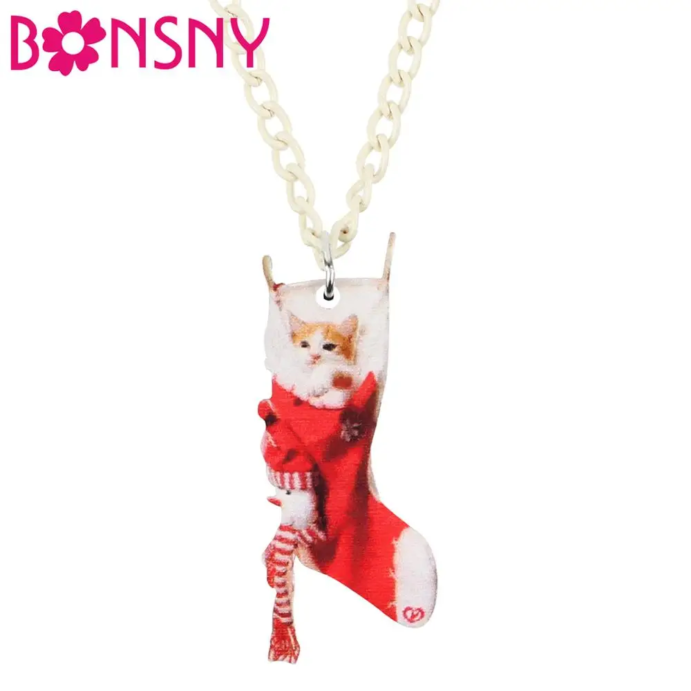 

Bonsny Acrylic Christmas Sock Rag Doll Cat Kitten Necklace Pendant Chain Choker Animal Jewelry For Women Girls Teens Charm Gift