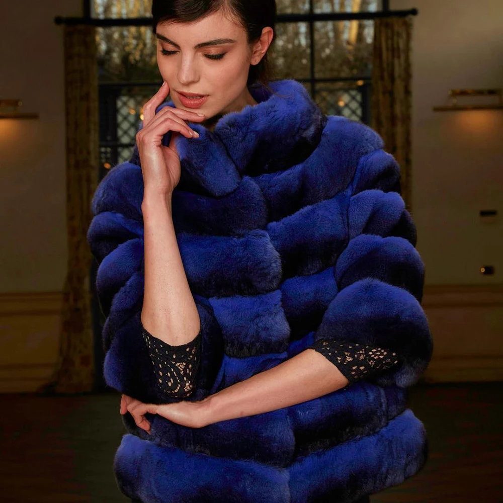 

Luxury Fur Overcoats 2021 Royal Blue Natural Fur Coats Stand Collar Winter Fashion Genuine Full Pelt Rex Rabbit Fur Jacket Woman