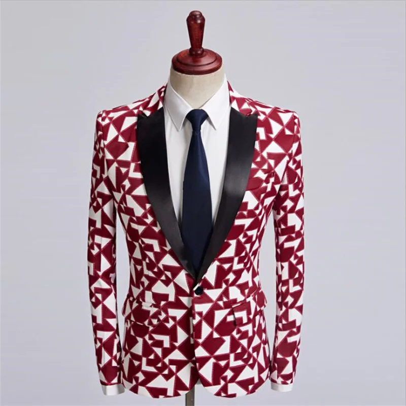 Red white plaid print blazers hombre men's casual suit slim fit jacket casaco photo studio host hair stylist flower dress