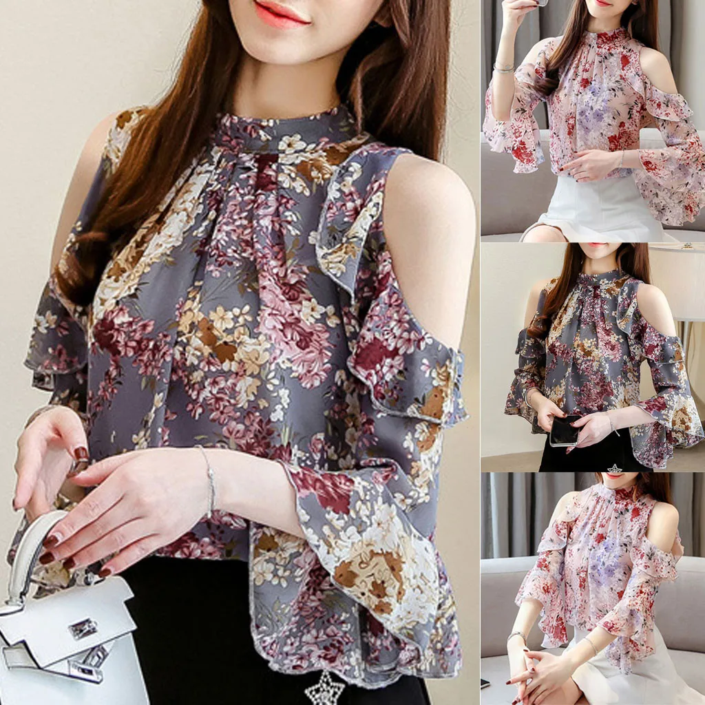 

2021 Summer Korean Women Blouse Shirt Floral Print Chiffon Sexy Off Shoulder Blouse Tops Ruffles Stand Butterfly Sleeve blusas