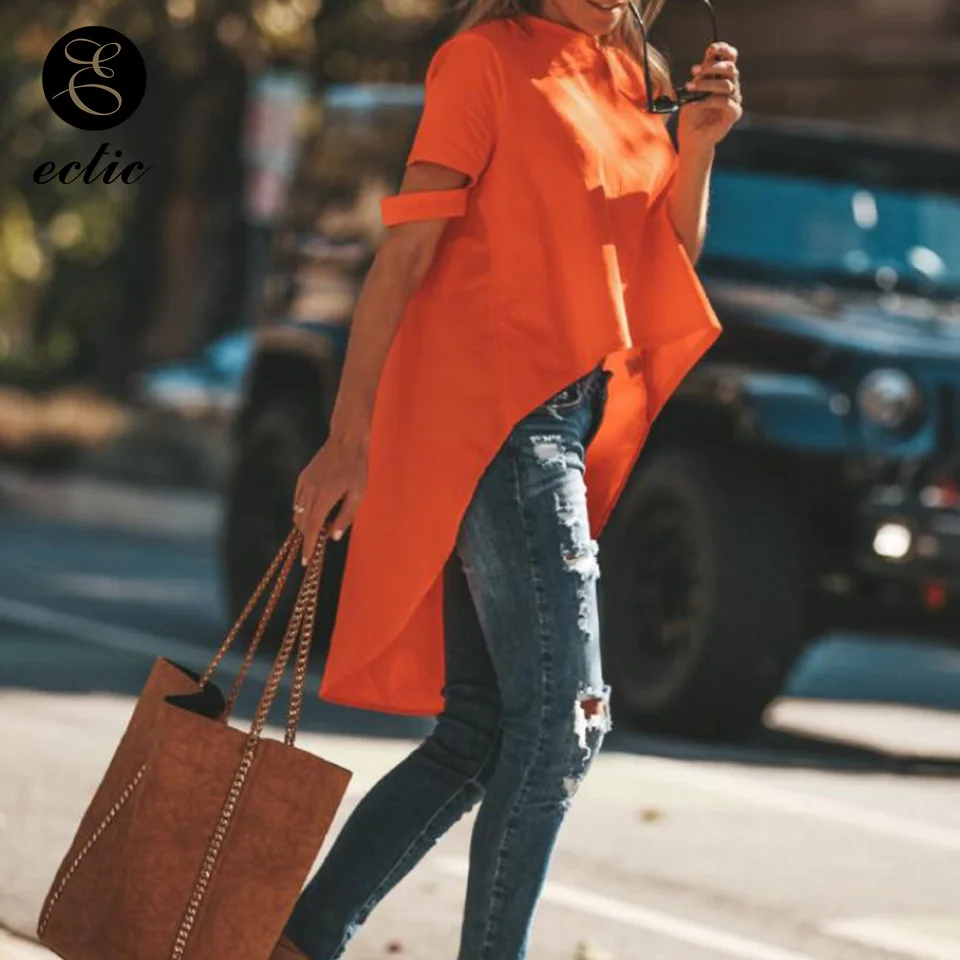 Нерегулярный Футболка Женщина Одноцветный Сплошной Цвет Простой Длинный Спина