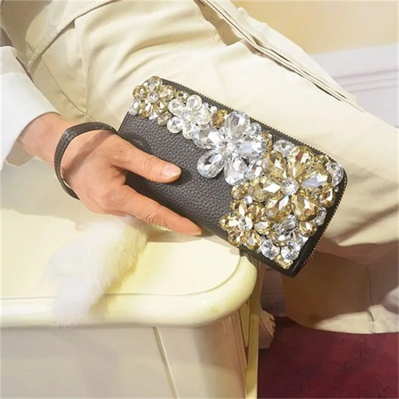 Роскошный женский кошелек стразы на запястье из искусственной кожи с длинной